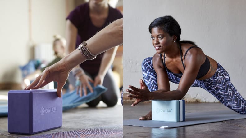 Left: Purple gaiam yoga block on yoga mat. Right: woman using teal stripe gaiam essentials yoga block for practice.