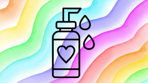 A graphic image of a bottle of lube on a wavy rainbow background