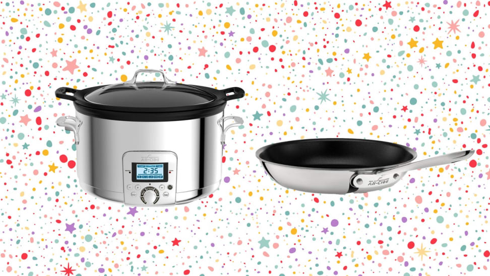 A slow cooker and pan against a colorful confetti-like background