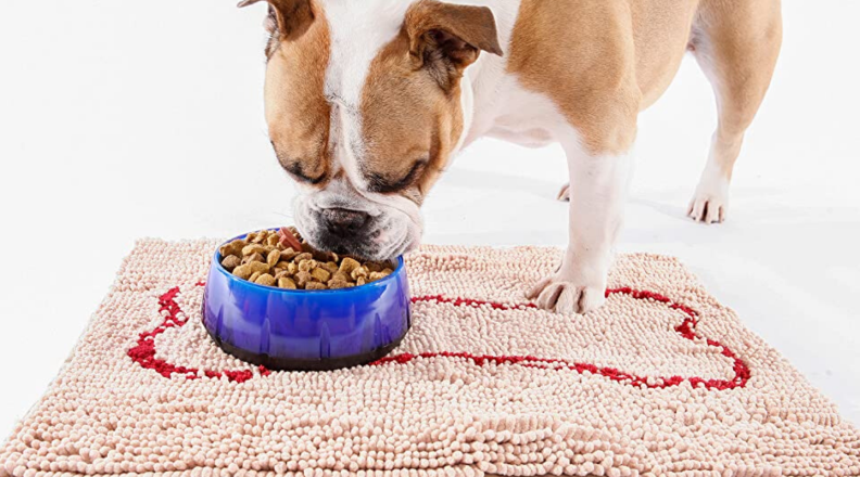 Dog eating on a microfiber placemat