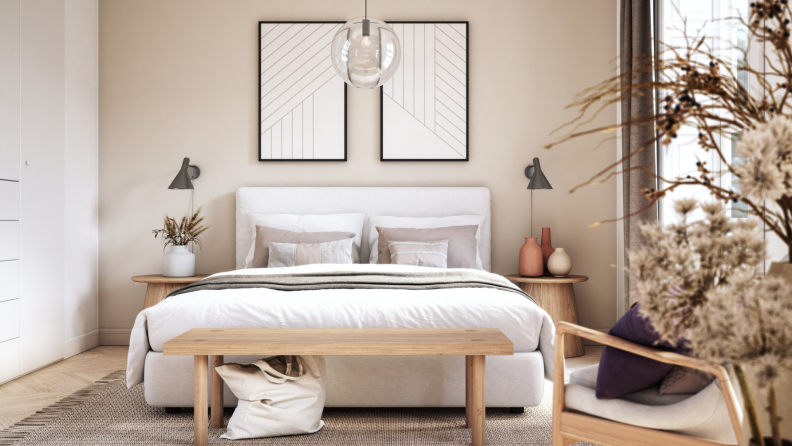 Modern bedroom with tan walls.