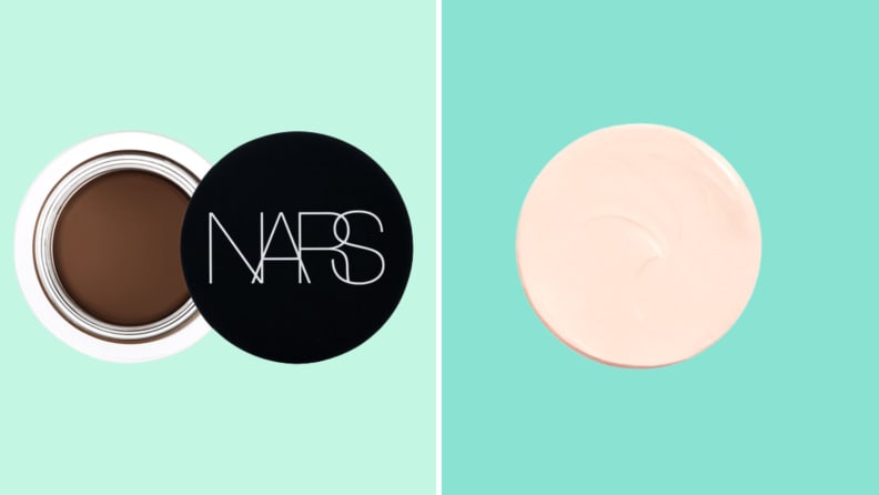 Two colors of Nars pot concealer against a two-tone green background