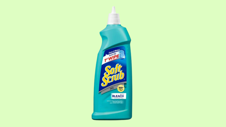 A bottle of Soft Scrub floats over a green background.