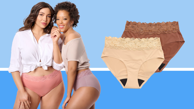 On left, two models pose in leakproof brief underwear in front of blue background.. On right, two pairs of tan and nude leakproof underwear briefs in front of blue background.