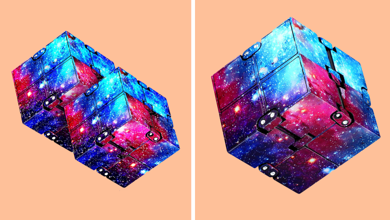 Galaxy-themed cube shaped Infinity Cube fidget toy.