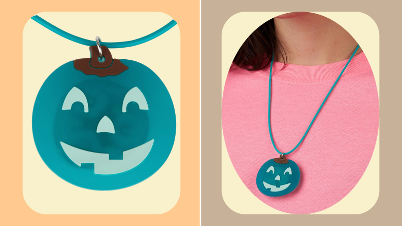 On left, close up of smiling jack-o-lantern pendant. On right, person wearing TK around their neck.