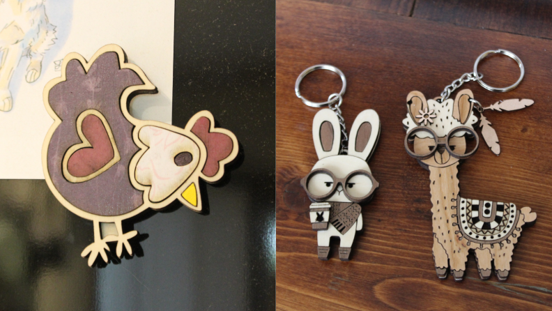 Wooden chicken magnet next to two keychains