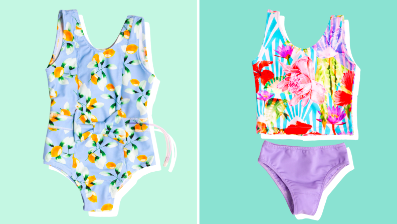 Two colorful and printed one-piece swimsuits against a green background.