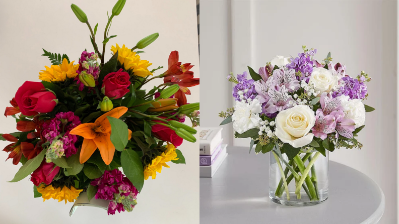 A red and orange bouquet next to a purple and white bouqeut