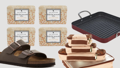 An image of several products included in the gift guide including soap, Birkenstock sandals, packing cubes, and a grill pan.