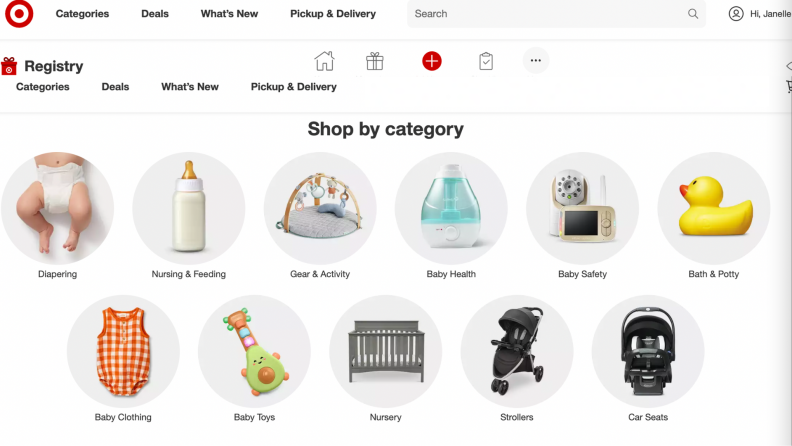 A landing page on a Target baby registry