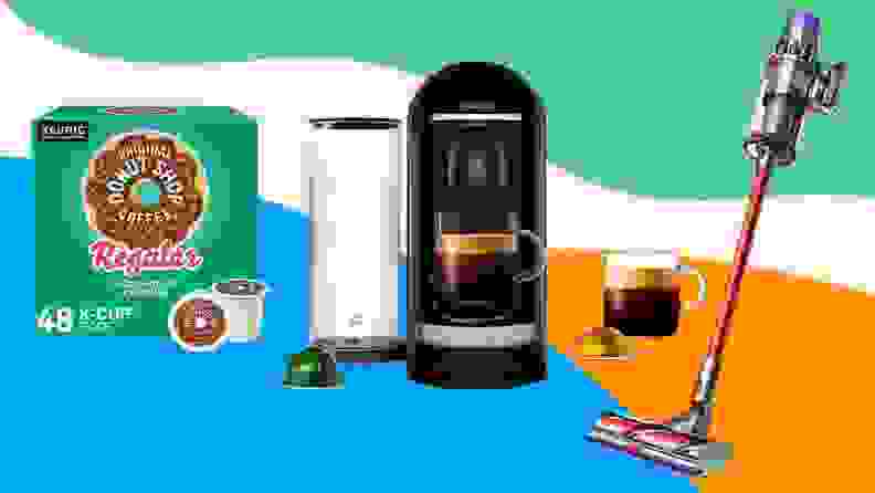 Keurig cup machine, Nespresso machine, and stand-up vacuum