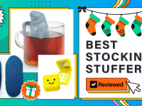 A selection of our best stocking stuffers, including Bombas slippers, Genuine Fred manatee tea infuser, and Starface pimple patches against a holiday background.