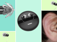 Assorted product shot of the Eargo 6 hearing aid in black and one shot of the hearing inserted into someone's ear canal.