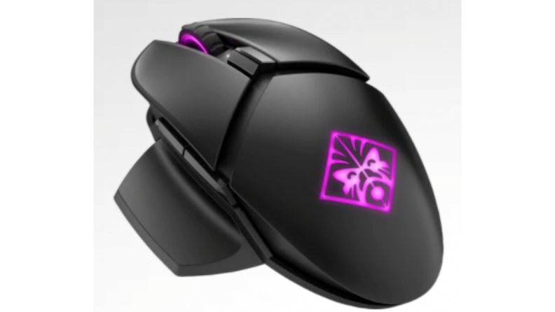 An image of an HP mouse with the OMEN logo in purple on its black surface.