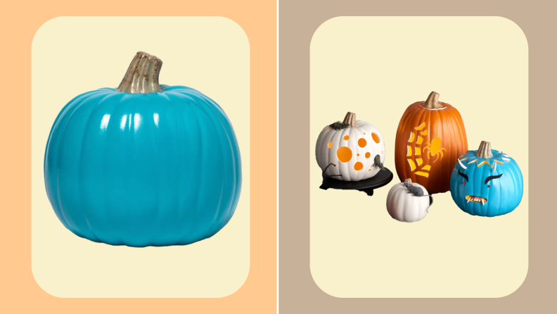 Teal pumpkins next to smaller assorted colorful pumpkins with funny faces painted on them.