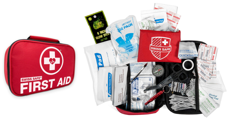 FirstAid kit and several supplies inside on a white backdrop