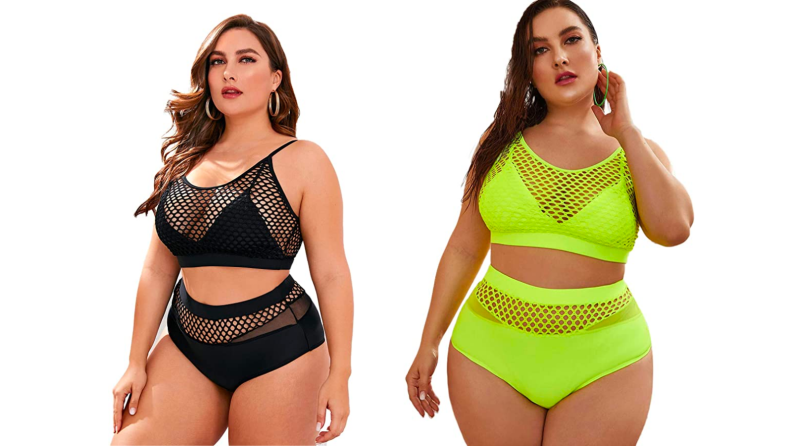 An image of the same swimsuit. The suit is a bikini and features a high waisted bottom with mesh paneling, as well as a scoop neck top with mesh paneling. The first suit is black, the second is neon yellow.