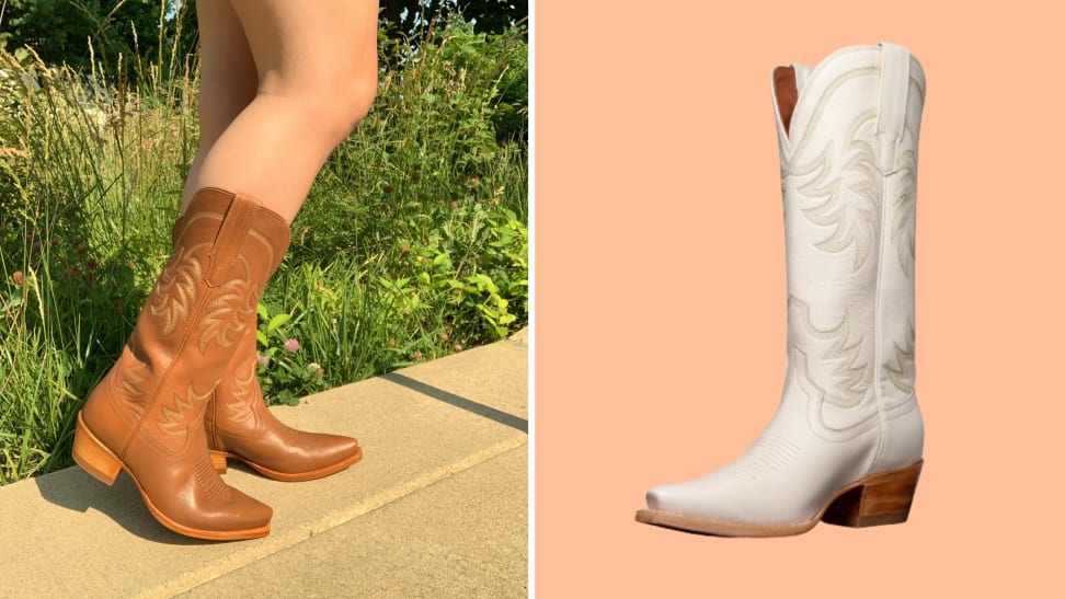 Collage of the author wearing brown cowboy boots, on the right is the same style in white leather.