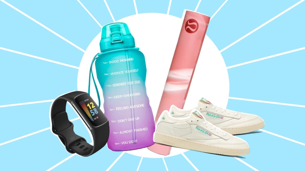 Collage of sneakers, a yoga mat, water bottle, and smartwatch.