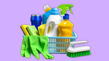 Cleaning supplies against purple background