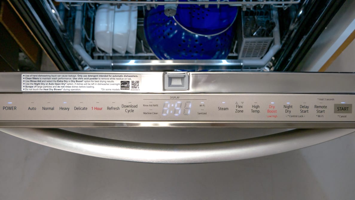 A close-up of the LG LDTH7972S dishwasher's top-facing control panel.