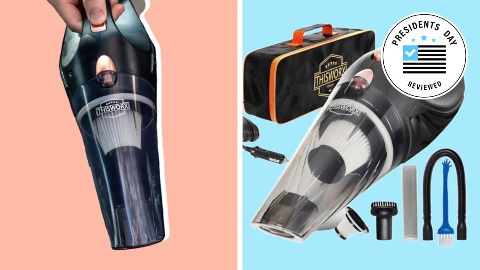 Collage images of a portable car vacuum against orange and blue backgrounds.
