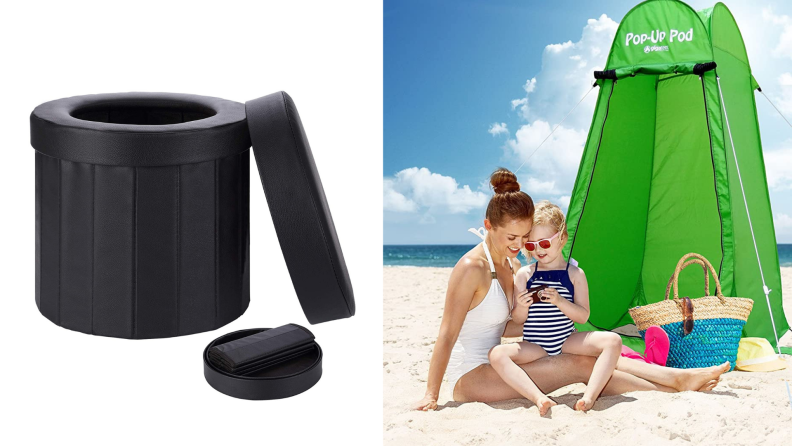 A portable potty and a privacy tent.