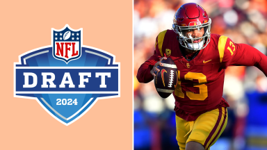 A collage with the NFL Draft logo next to USC quarterback Caleb Williams.