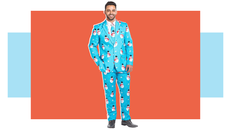 A man in a snowman patterned suit.