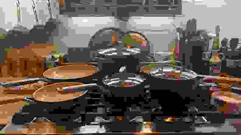 Ninja Ceramic Cookware Set on a gas range