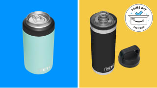 A Yeti stainless steel bottle and canister on a colorful background.