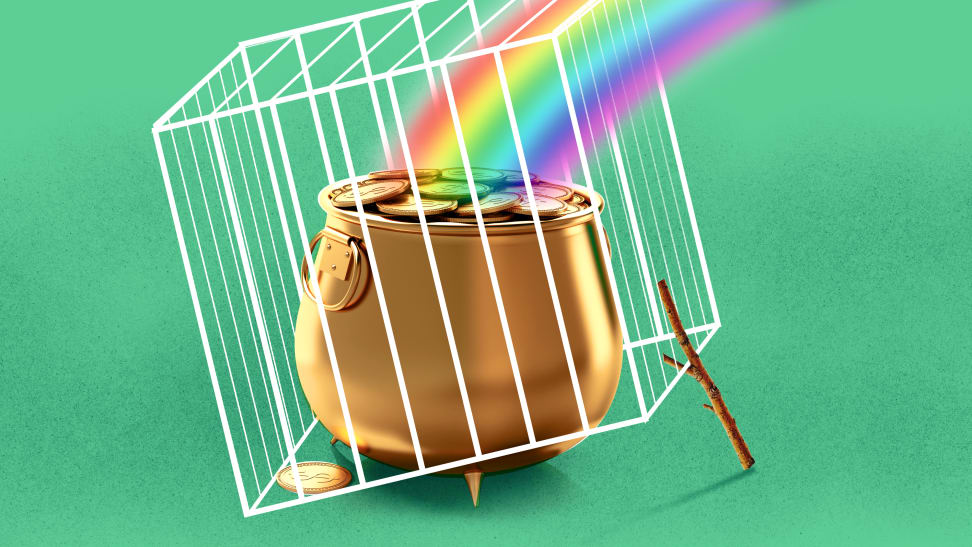 A DIY leprechaun trap with gold coins and a rainbow for St. Patrick's Day.