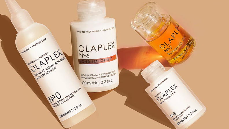 Olaplex hair products on a brown background