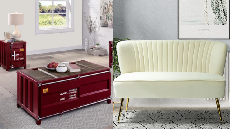 On left, red side table shaped like a shipping container. On right, small cream-colored couch shaped chair.