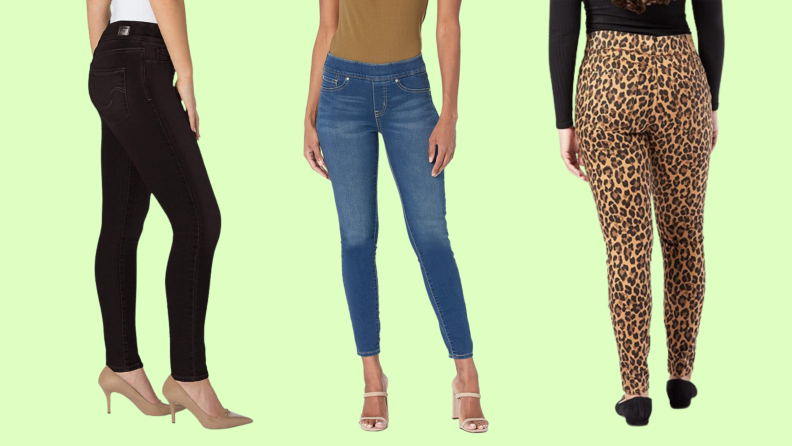 Jeans in black, blue, and leopard print.