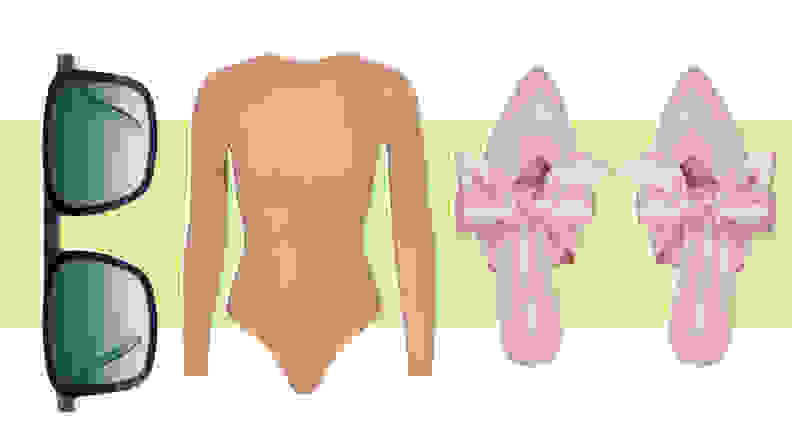 A pair of sunglasses, ballet flats with a bow, and a bodysuit.