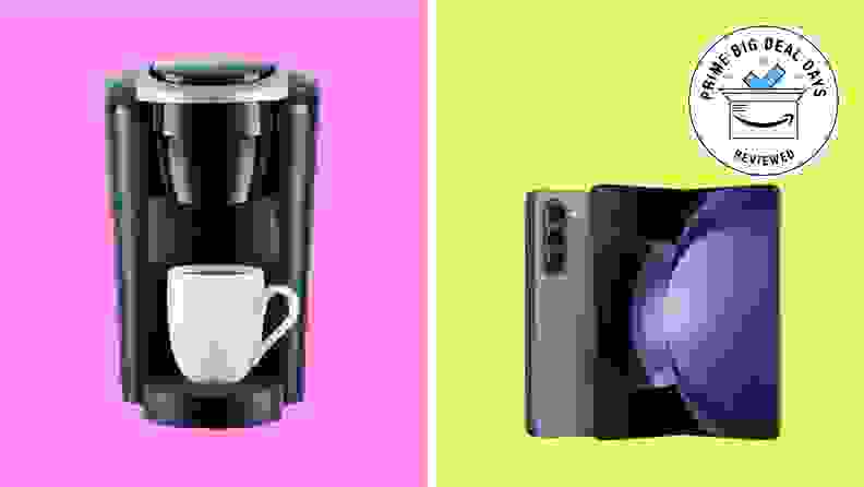 A Keurig coffee maker and a Samsung smartphone with the Prime Big Deal Days Reviewed badge in front of colored backgrounds.