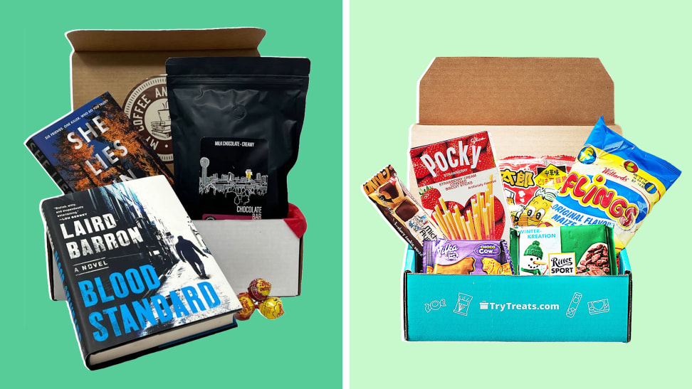 A My Coffee And Book Club box next to a Try Treats box that is filled with a variety of candies on a green background.