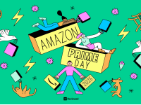 An illustration of a man holding shopping bags in front of boxes that say Amazon Prime Day