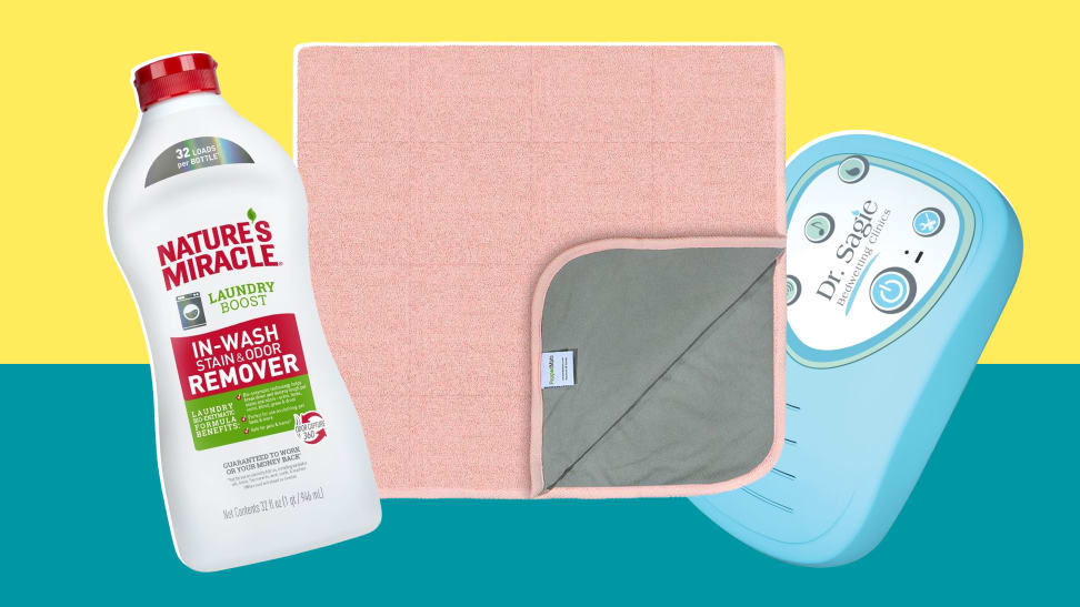 Product shots of a bottle of Nature's Miracle stain remover, a pink Pea Pod bedwetting mat, and the Therapee bedwetting alarm.