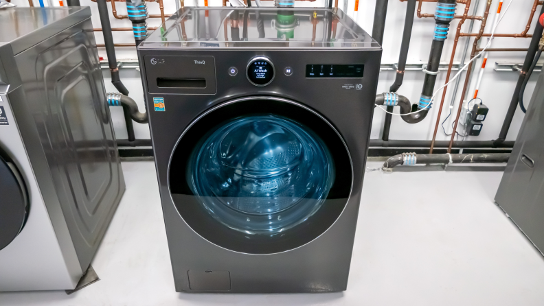 Photo of the front of the LG WM6700HBA front-load washing machine in the Reviewed testing laboratory.