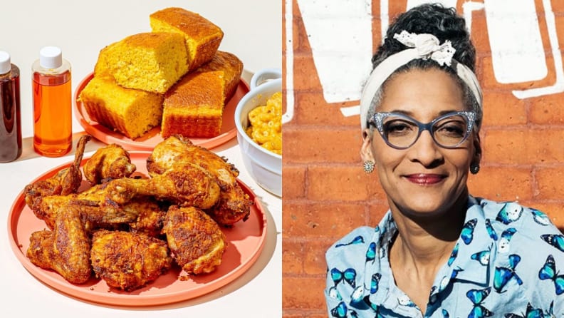 Left: A plate of Nashville hot chicken accompanied by a plate of cornbread, a bowl of mac n’ cheese, and hot honey. Right: A headshot of chef Carla Hall.