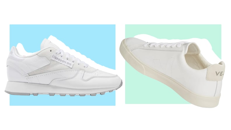 On left, pair of white sneakers.