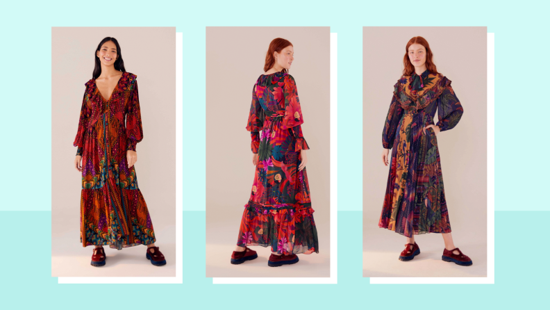 Collage of three Farm Rio dresses that are each made from very colorful printed fabrics.