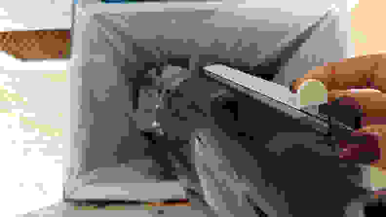 A hand empties a vacuum dust bin into a trash can