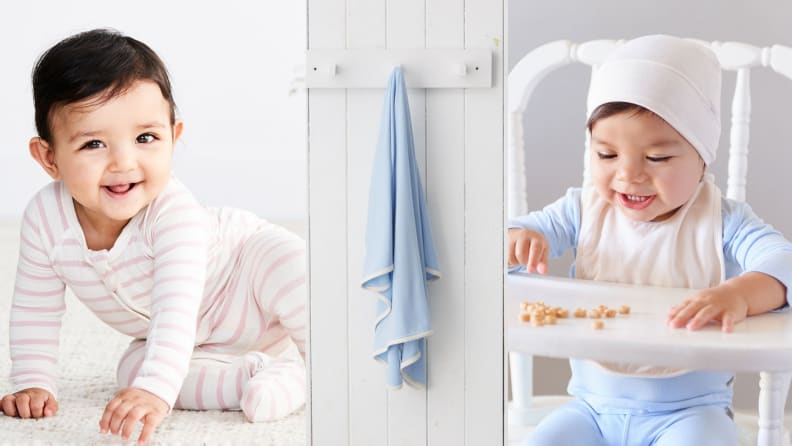 On left, infant smiling in pink and white striped onesie.  In middle, blue baby blanket.  On right, child smiling in highchair while eating Cheerios.