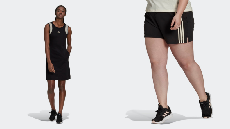 woman wearing Adidas dress, woman wearing running shorts