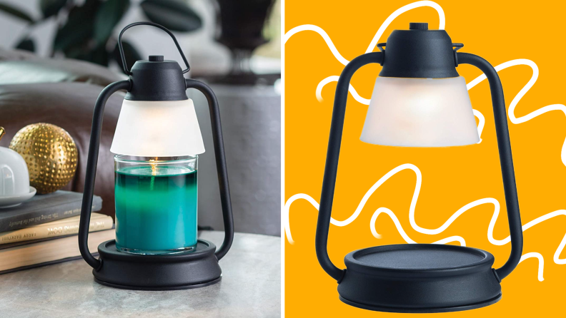 On left, Beacon Candle Warmer Lamp on table inside of home. On right, product shot of black Beacon Candle Warmer Lamp.