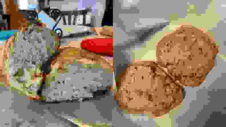 On right, photo of sourdough loaf cut in half, stacked on one another. On right, photo of two chocolate chunk cookies on parchment paper.